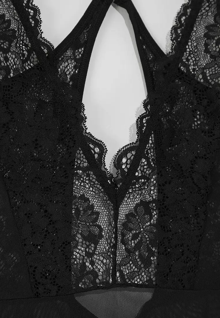 Black Tulle Lace Detailed Coverless Knitted Bodysuit THMSS25BD00008