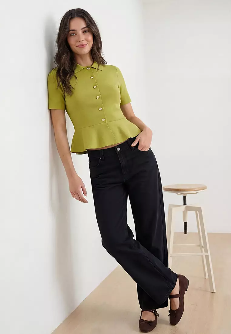 Oil Green Peplum/Waist Fitted Button Detailed Knitwear Blouse Twoss26Bz158