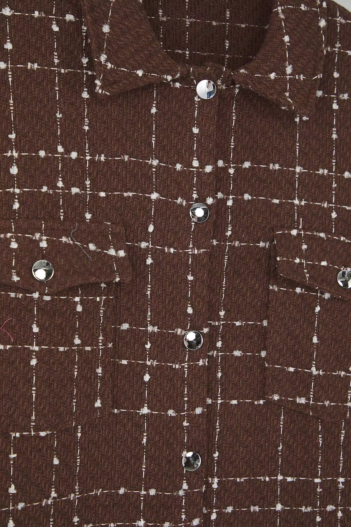 Brown Tweed Long Sleeve Winter Woven Plus Size Shirt/Jacket