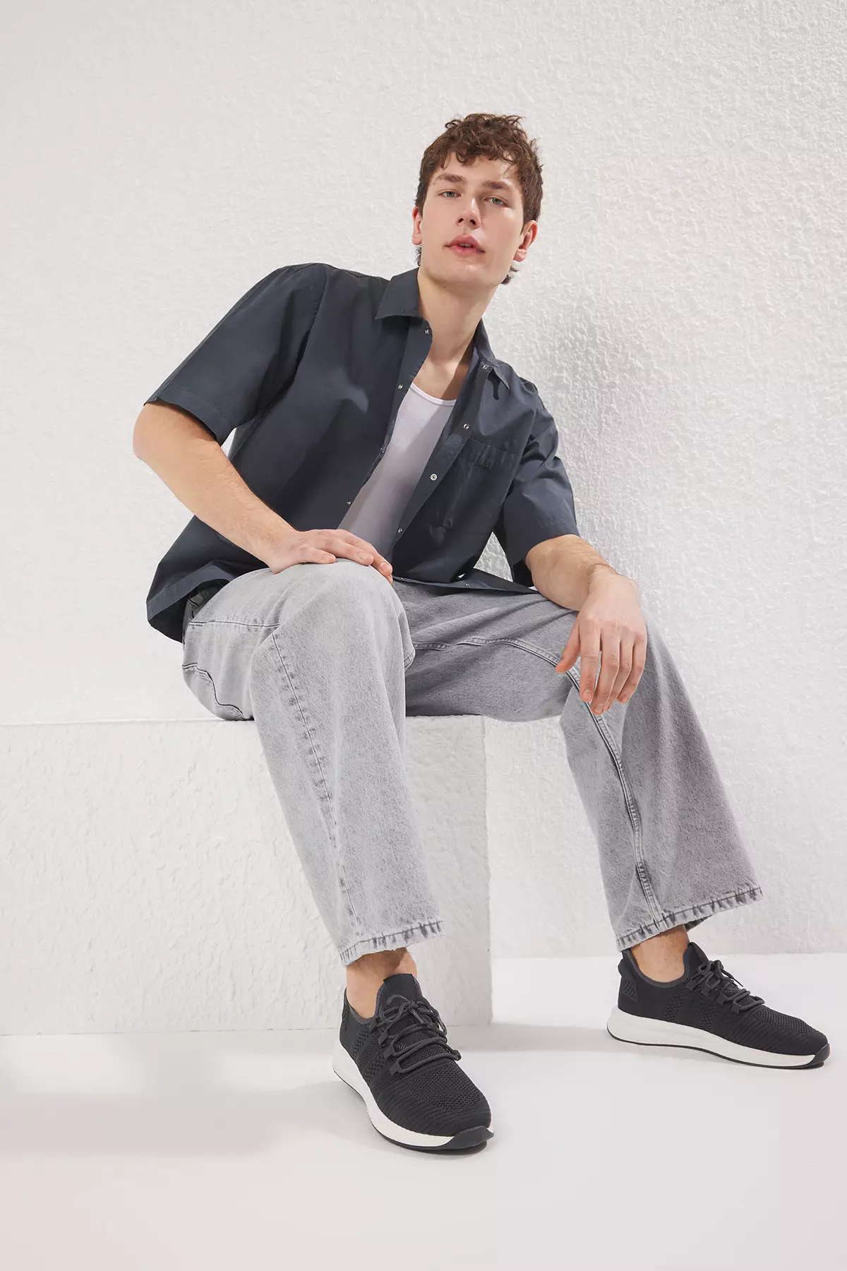 Navy Blue Knitwear Lace-Up Light Sole Men's Sneakers Takss25Sn00018