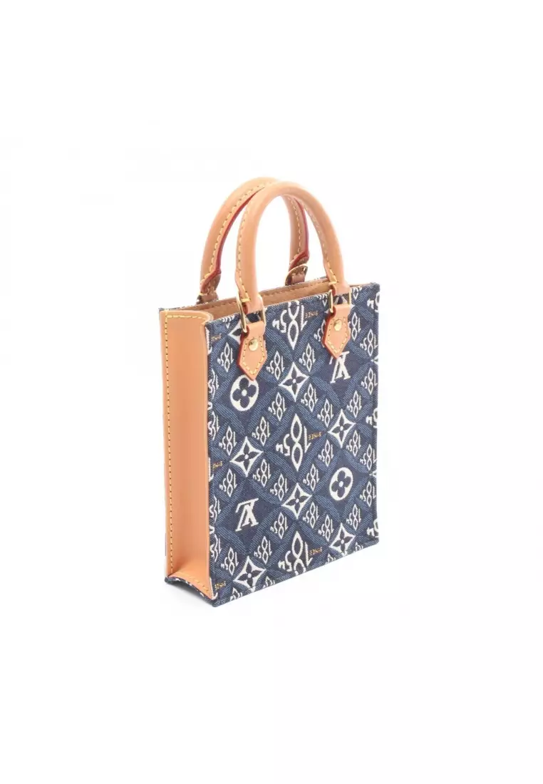 Pre-Loved Louis Vuitton Petite Sac Plat monogram jacquard Since 1854 Handbag canvas leather Navy white Brown 2WAY