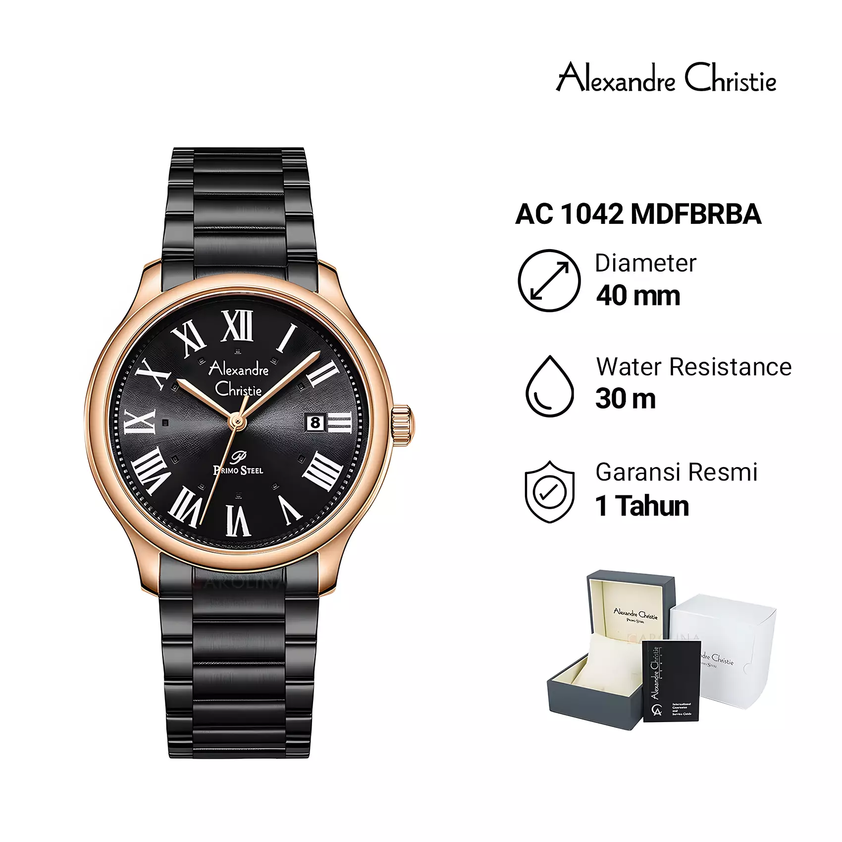 Alexandre Christie Primo Steel - Jam Tangan Analog Pria - Rose Gold Black - Stainless Steel - 1042 MDFBRBA