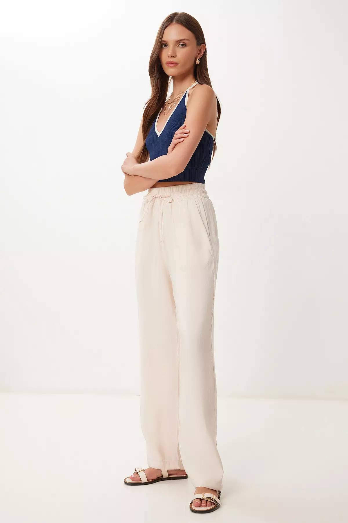 Women's Cream Wide Leg Summer Modal Trousers Bv00157