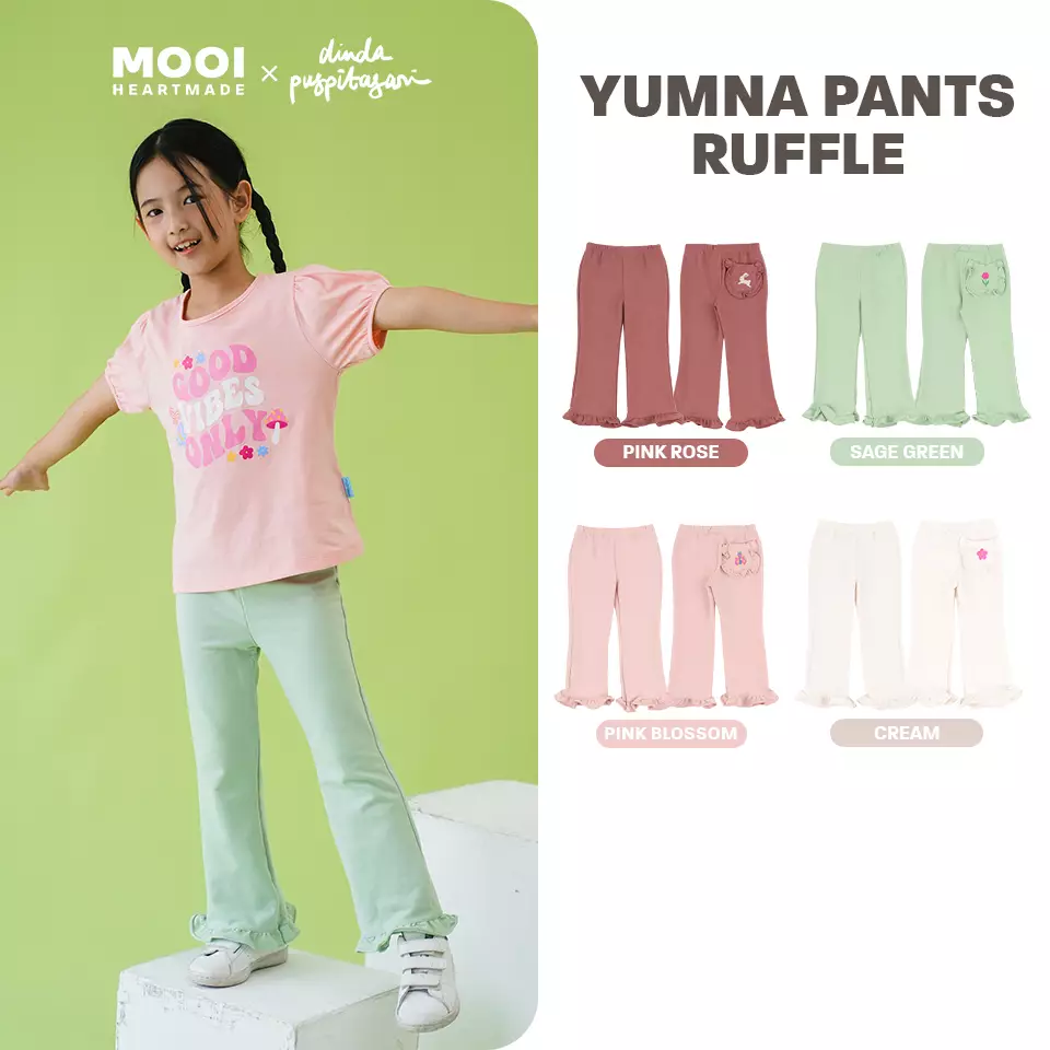 Mooi X Dinda Puspitasari Celana Panjang Anak Perempuan Yumna Pants Ruffle - Cream