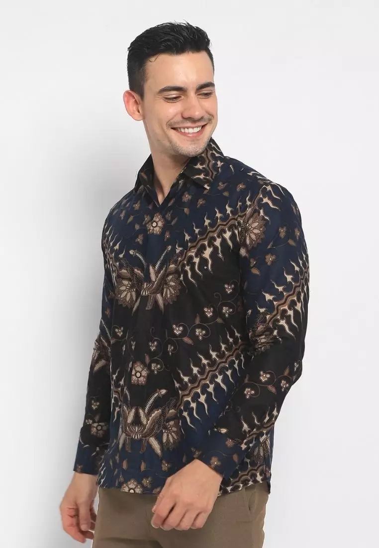 Kemeja Batik Pria Premium Slimfit Elegant Modern Lengan Panjang Gelung Navy