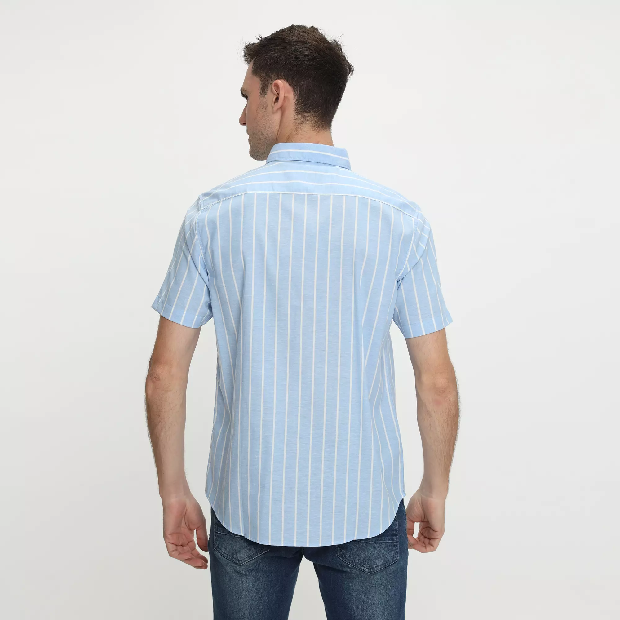 Platini Kemeja Motif Salur Pria Lengan Pendek Katun Sky Blue 73494.21