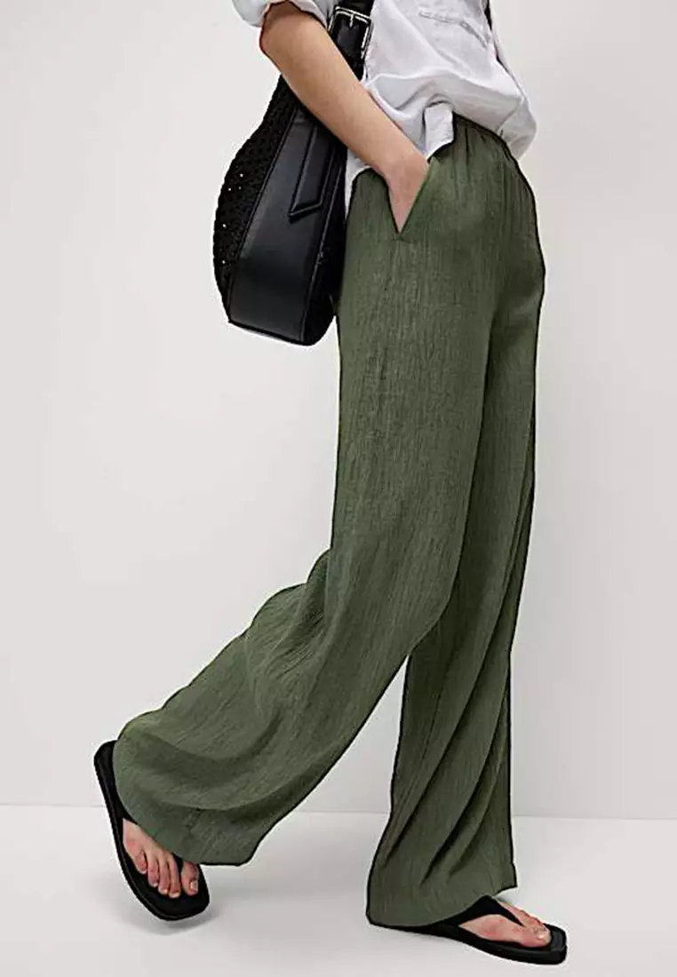 Viscose Rich Crinkle Elasticated Waist Wide Leg Trousers