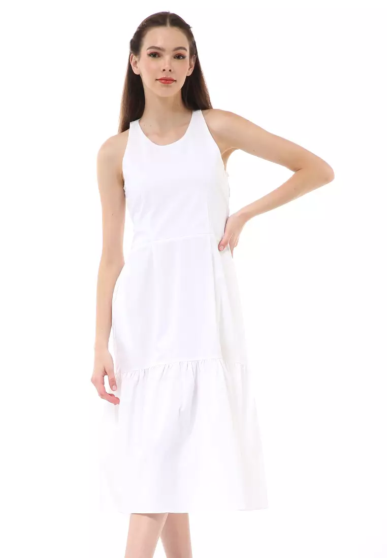 Rachel Midi Dress Wanita Tanpa Lengan Motif Polos Material Poplin ORIGINAL - White