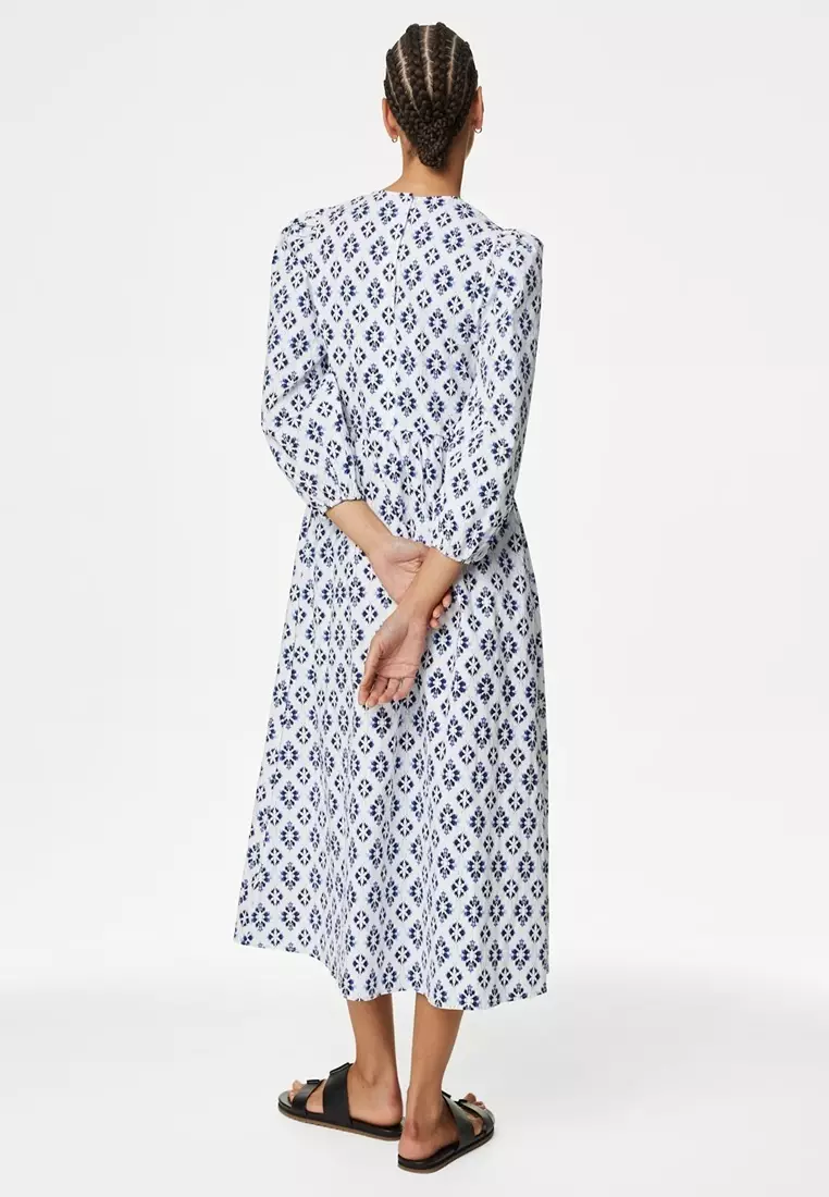 Cotton Rich Printed Midi Waisted Dress
