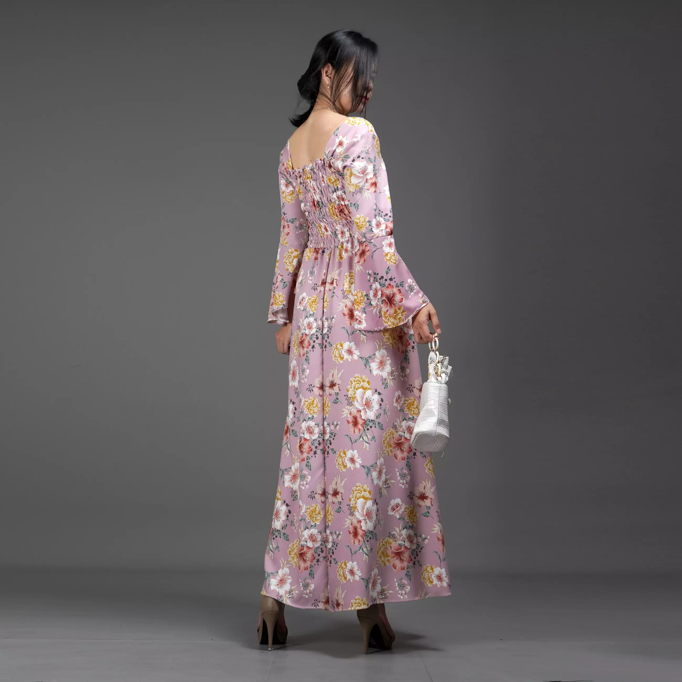  CLOVERIA Long Dress Motif Bunga Gaya Korea Dress Wanita Korean Style - Pink