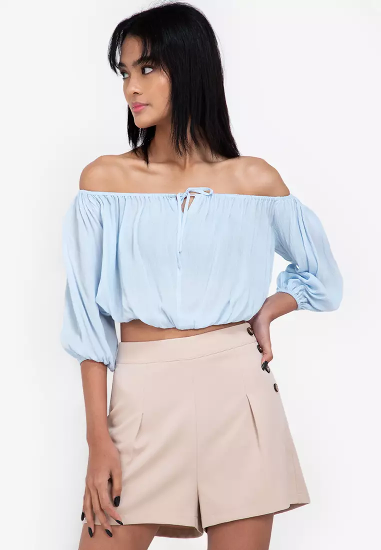 Drawstring off discount the shoulder top