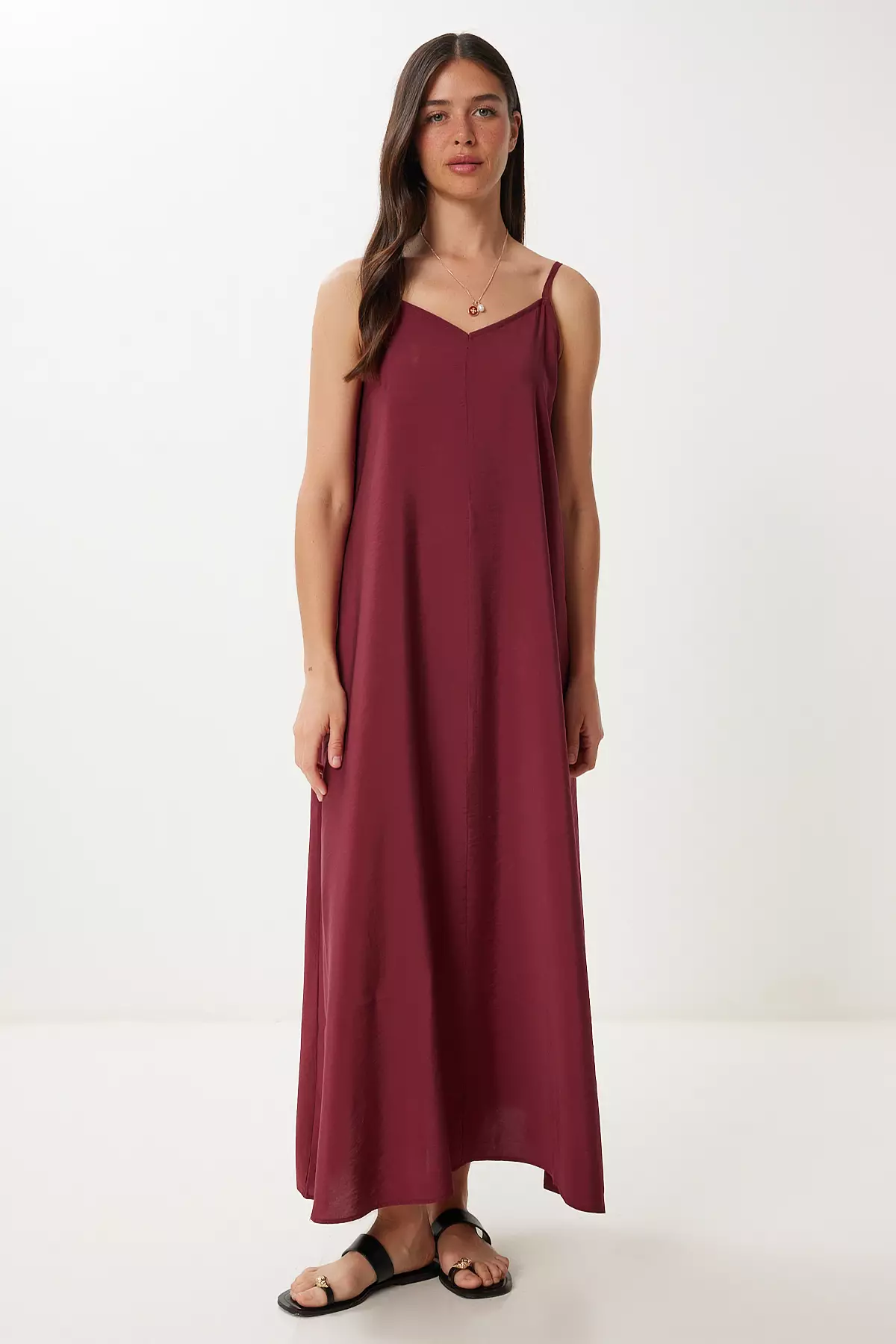 Women's Burgundy Strap Basic Summer Modal Dress Fn03474
