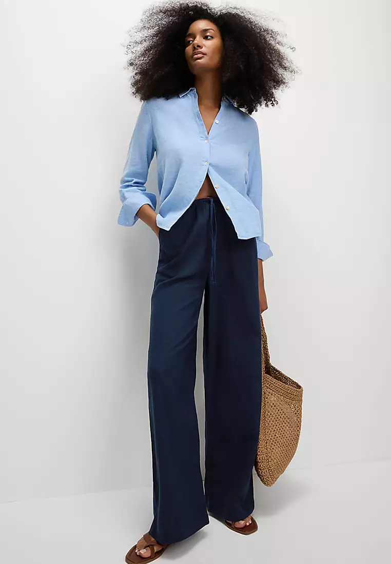 Linen Blend Wide Leg Trousers