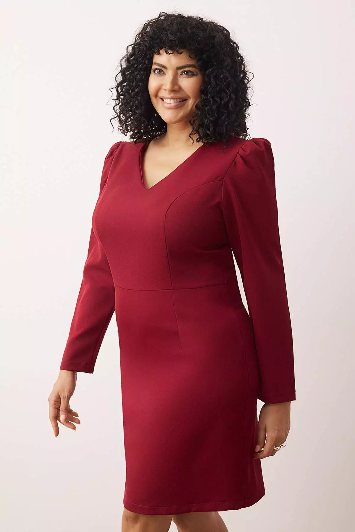 Burgundy V-Neck Balloon Sleeve Mini/Short Length Woven Dress