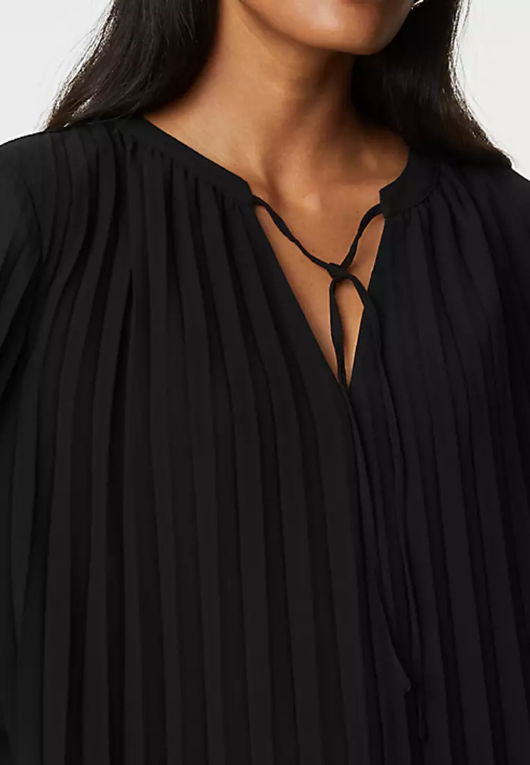 Pleated Tie Neck Popover Blouse