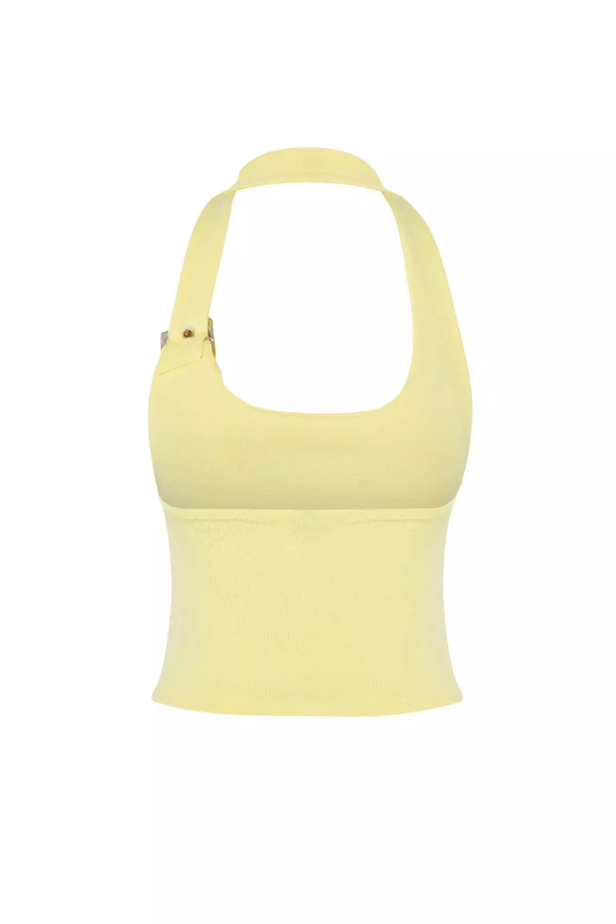 Light Yellow Halter Neck Belt Detail Fitted/Slim Fit Knitted Blouse