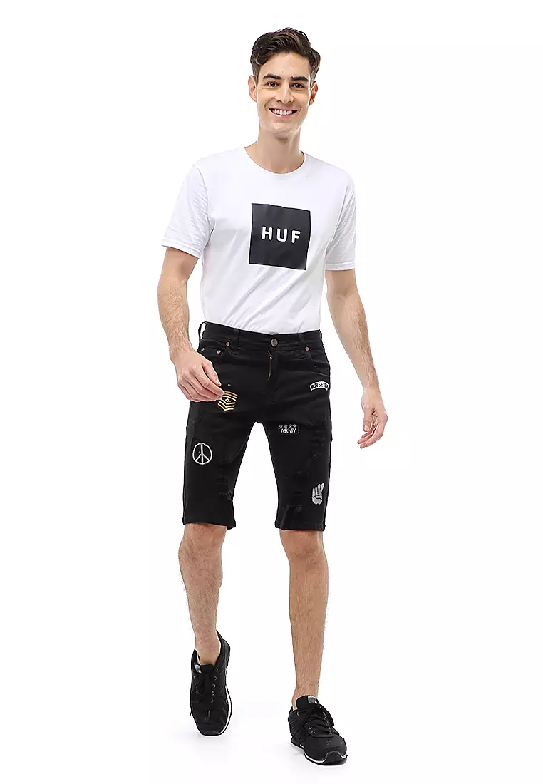 Locko Short Pants Ripped Jeans Celana Pendek Pria Sticker Motive Material Denim ORIGINAL - Black