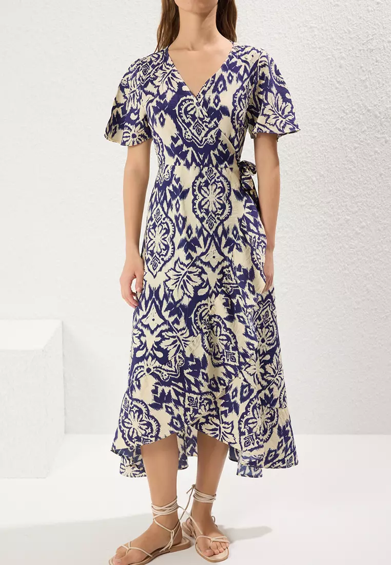 Patterned Wrap Midi Dress