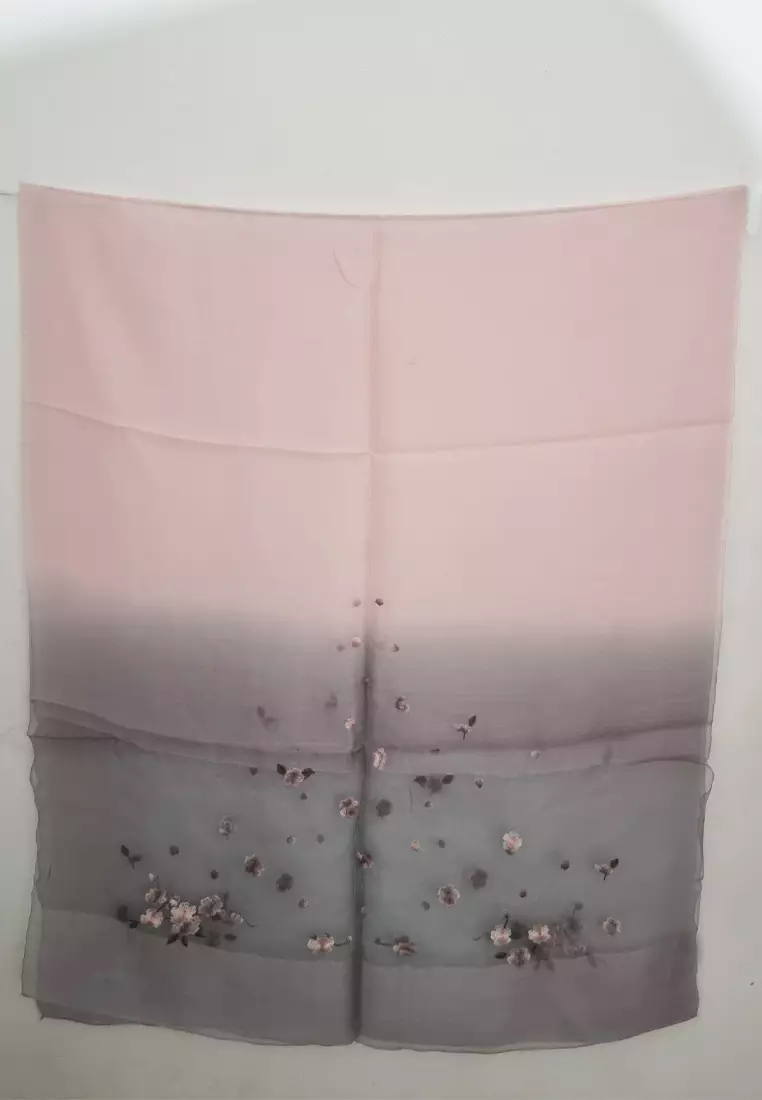 Golden Thread Gradient Embroidery Flowery Silk Shawl Syal Sutra Wanita Pink & Grey
