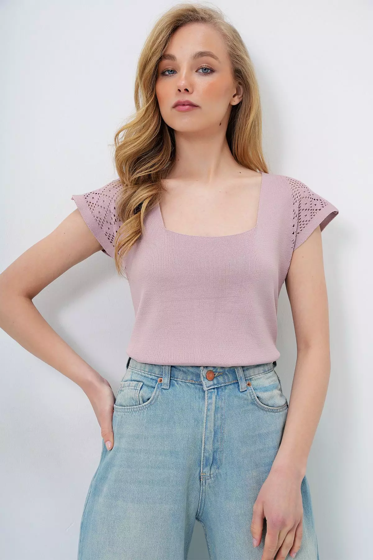 Women's Powder Square Neck Openwork Summer Knitwear Blouse