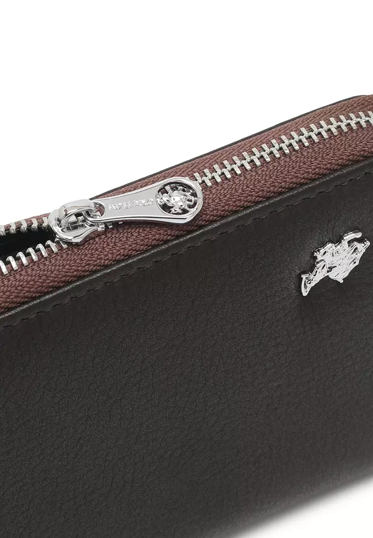 Men's Genuine Leather RFID Zipper Long Wallet - Brown