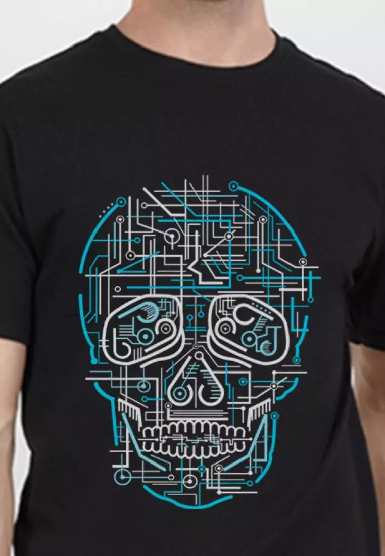 Electric Skull 黑色图案棉质短袖必备 T 恤