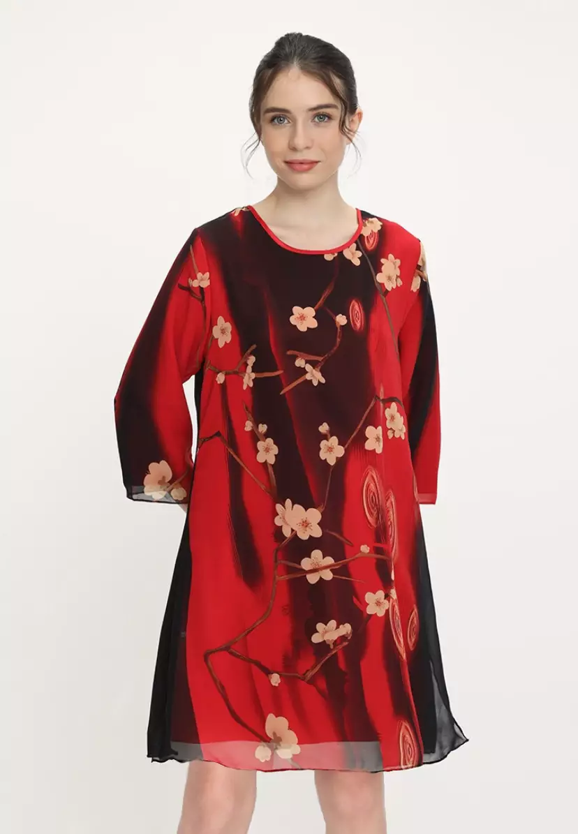 Floral Mini Dress Two Tone Red And Black By Brilliant Girl Warna MERAH