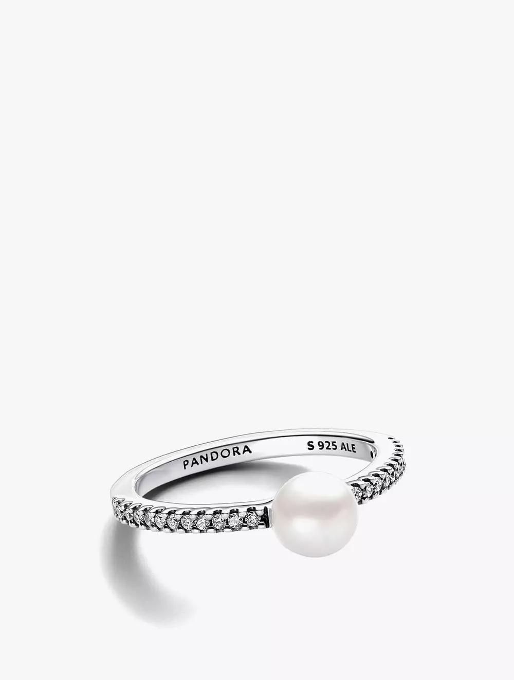 Sterling silver ring with white treated freshwater cultured pearl and clear cubic zirconia