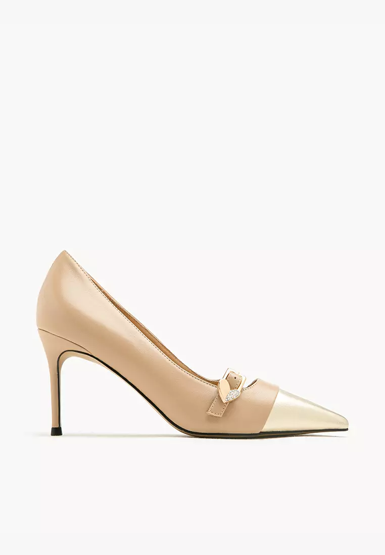 Discount on Pazzion  shoes - SKU: Trix Gold Embellished Toe Cap Heels Almond