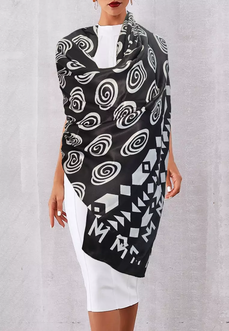 Aksesoris Wanita  Monochrome Colour Series Swirl Pattern Printed Silky Satin Scarf Wanita Black & White