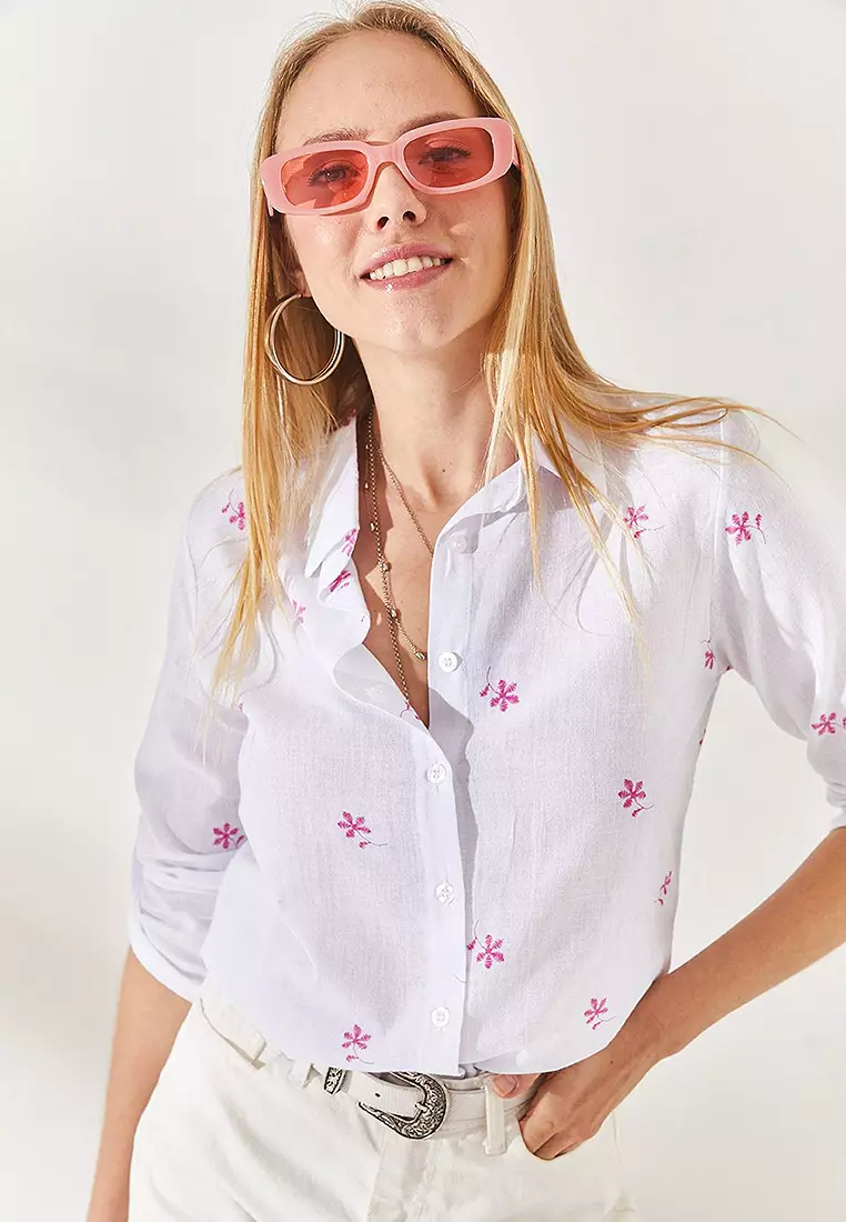 Floral Fold Sleeves Linen Shirt