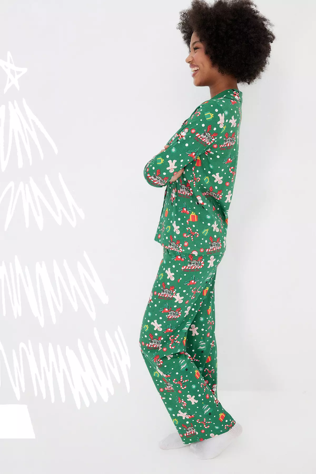 Green 100% Cotton Christmas Themed Knitted Pajama Set