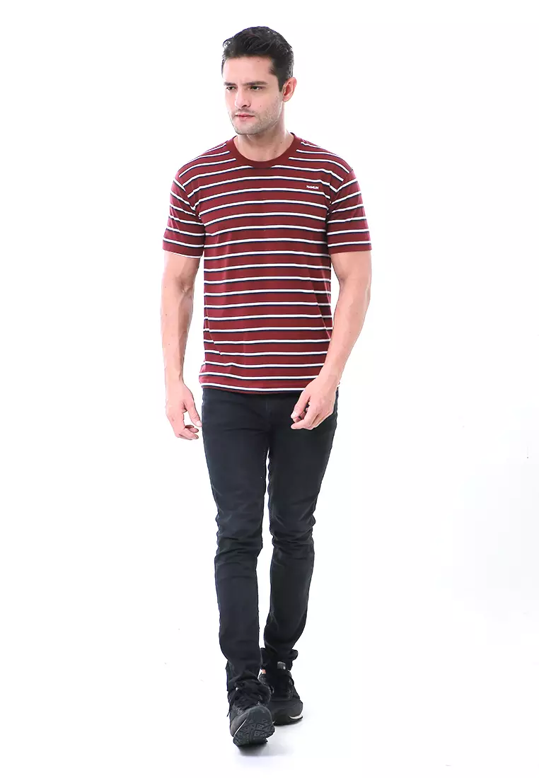 Aisley Kaos Pria Lengan Pendek Sweatshirt Kasual Stripe Motive Material Cotton ORIGINAL - Maroon