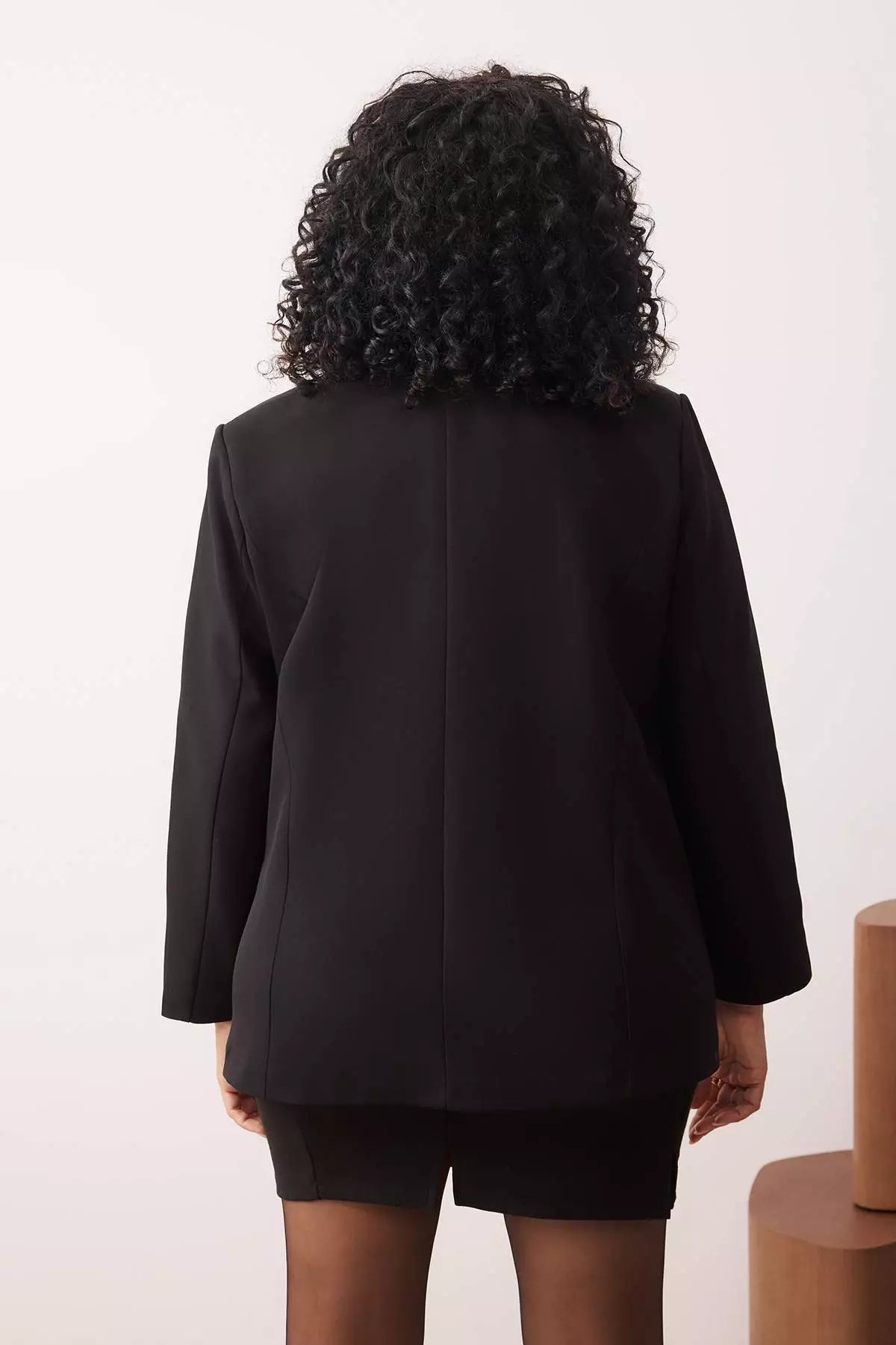 Black Oversize Lined Button Woven Plus Size Blazer Jacket Tbbaw26Ag00006