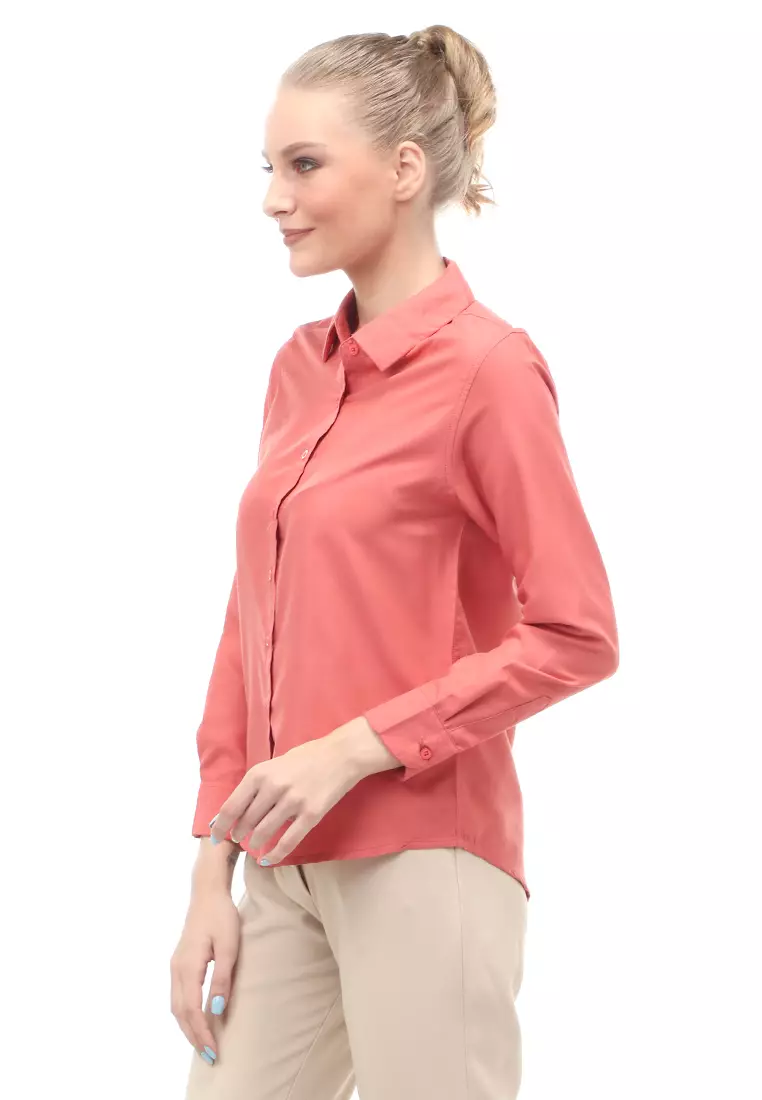 Kemeja Long Sleeves Atasan Wanita Motif Solid Shirt - Teracota