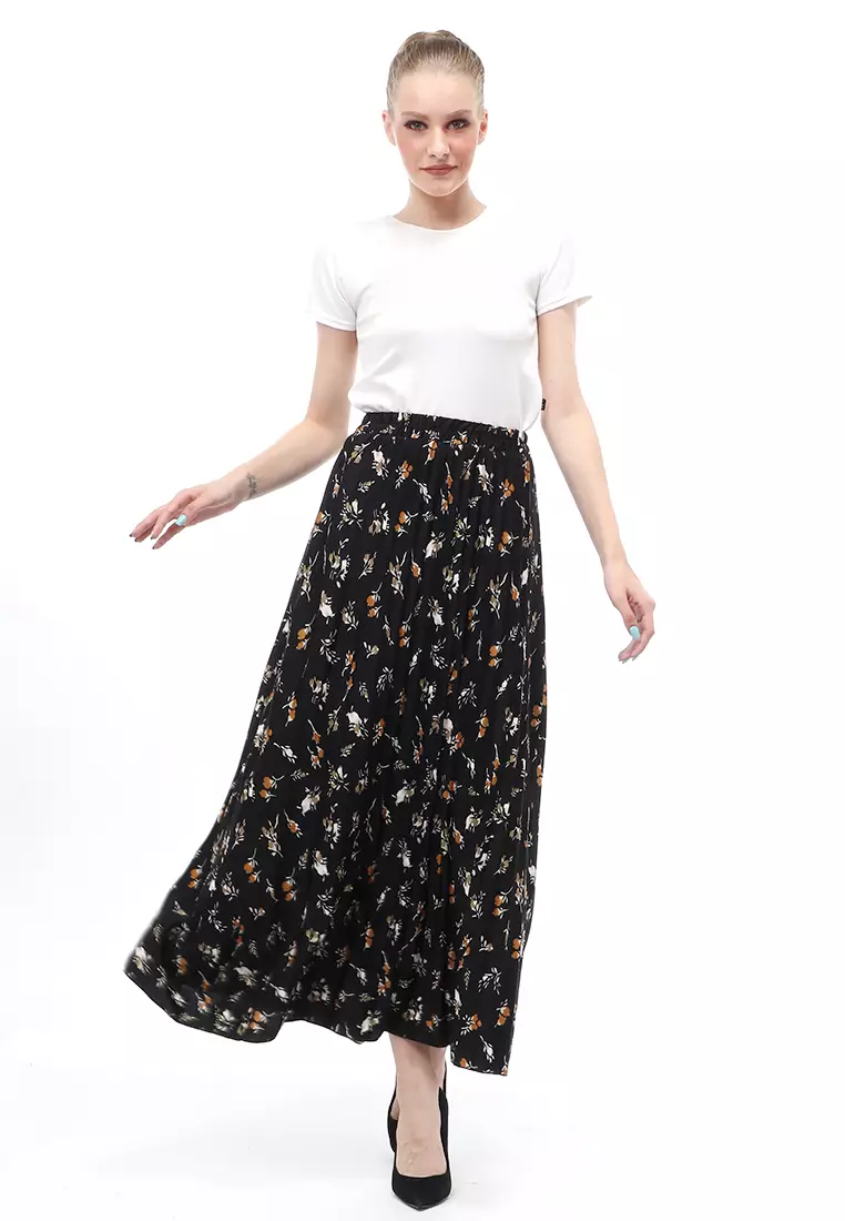 Rok Plisket Motif Print Design Vintage Rubbery Waist Bawahan Wanita - Daily Hitam