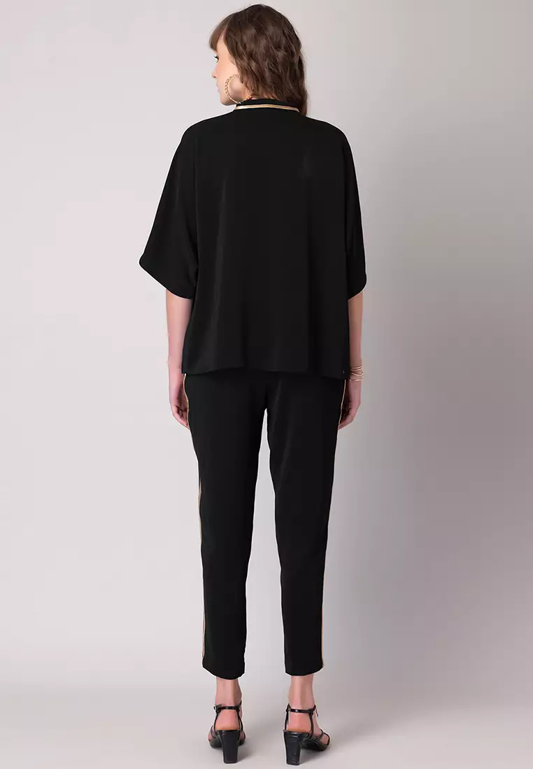 Black And Gold Tie Up Top And Pants Co-ord Set