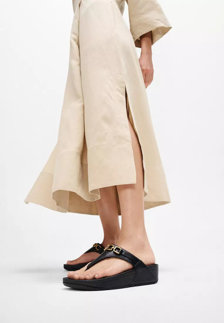 FitFlop LULU Square-Chain Leather Toe-Post Sandals - Black (E1I-001)