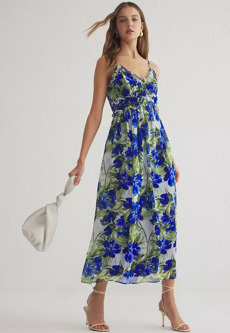 Saxe Floral Patterned Ruffle Maxi Chiffon Woven Dress