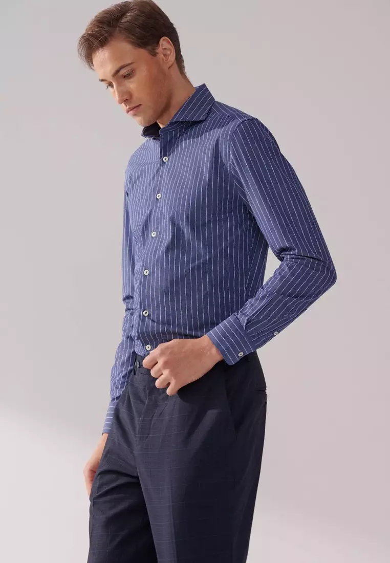 Blue and White Striped Textured Slim Fit Shirt