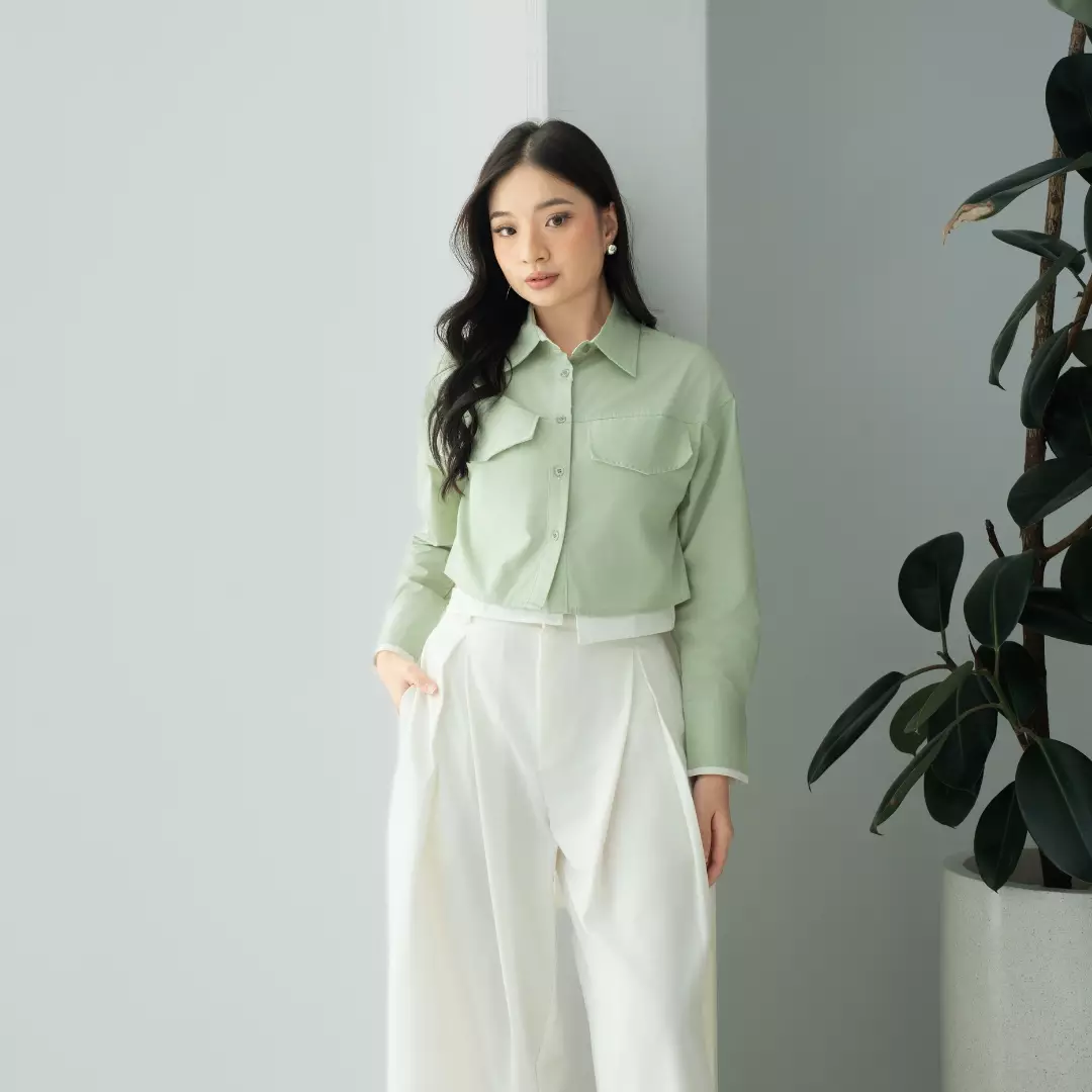 Platini Baju Kemeja Crop Top Lengan Panjang Wanita Katun 62001 Willow Green