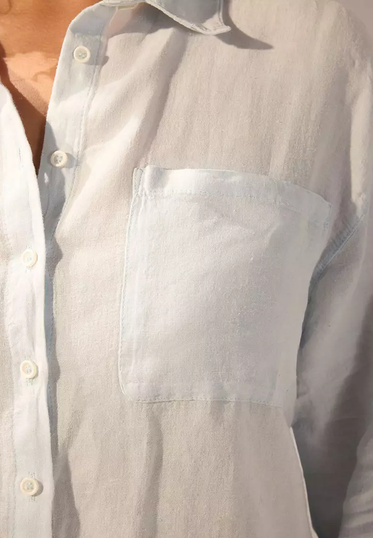 Blue 100% Linen Woven Plus Size Shirt TBBSS25AX00021