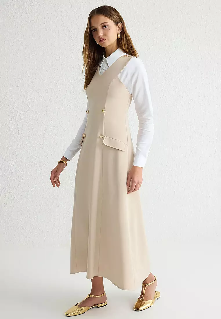 MODEST Gold Button V-Neck Dress