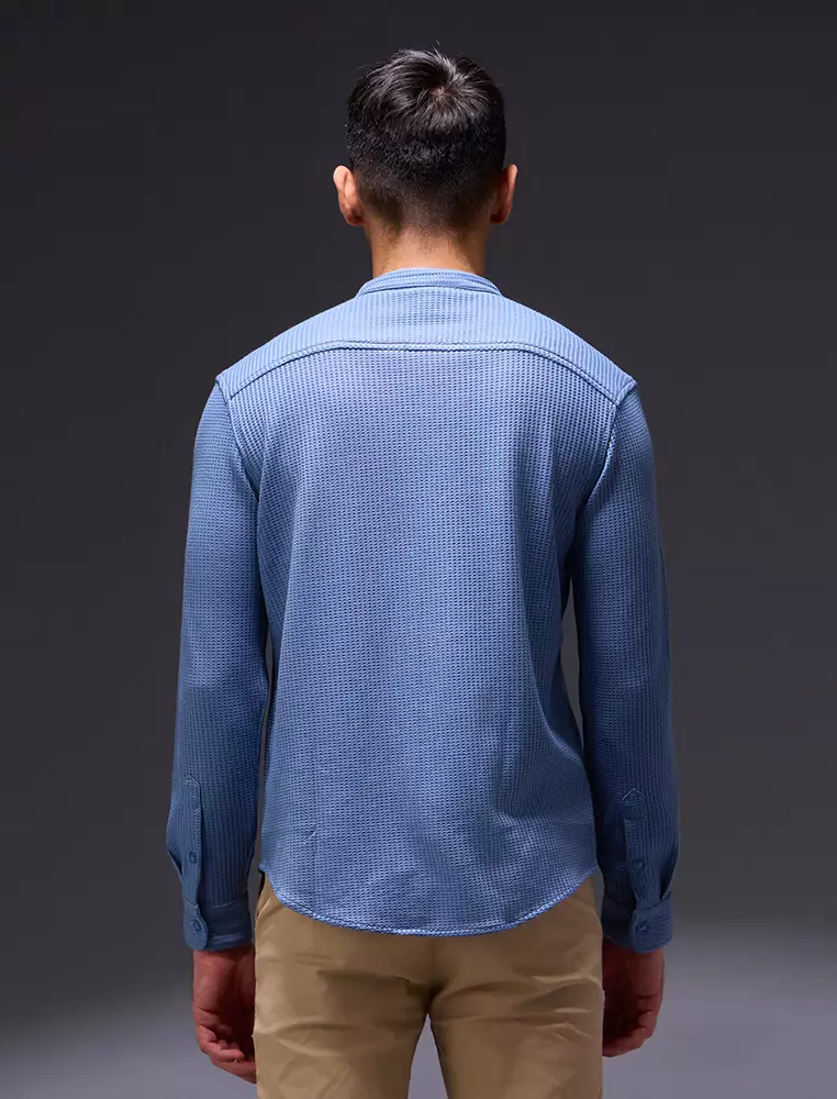 OXCON kemeja Tangan Panjang Waffle Kerah Collarless Blue Denim