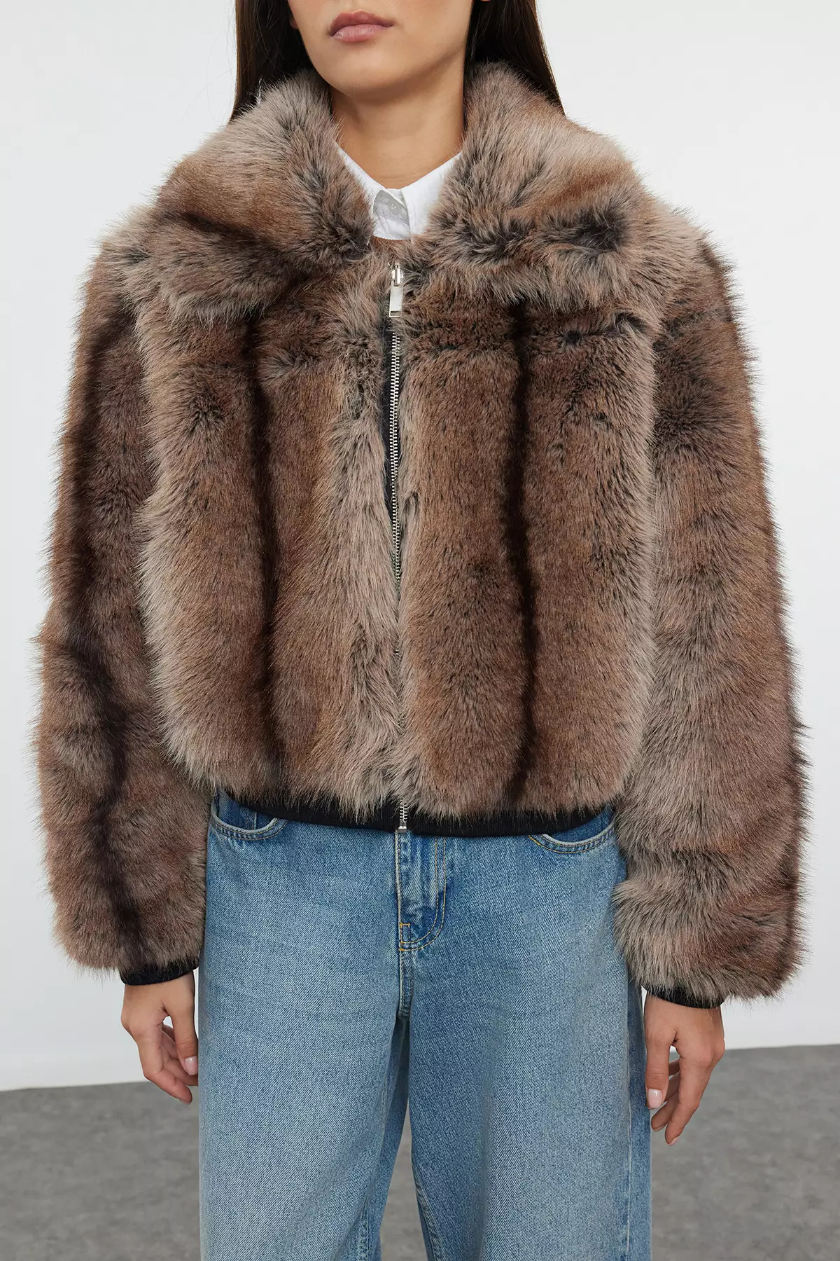 Brown Oversize Molded Elastic Detailed Bomber Fur Coat