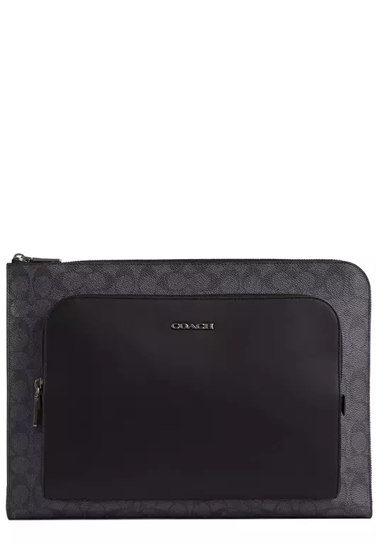 Ethan Portfolio Laptop Case In Signature Canvas in Charcoal/ Black CW363