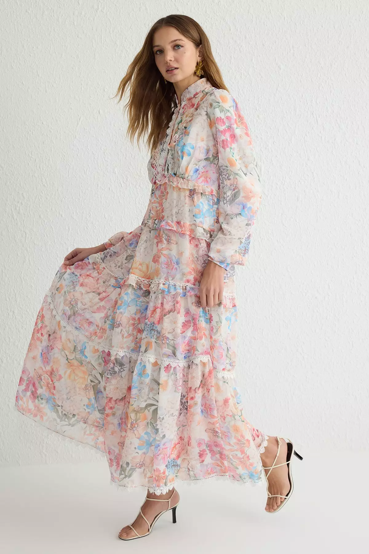 Multicolored Floral Patterned Lined Chiffon Woven Dress TCTSS25EB00050