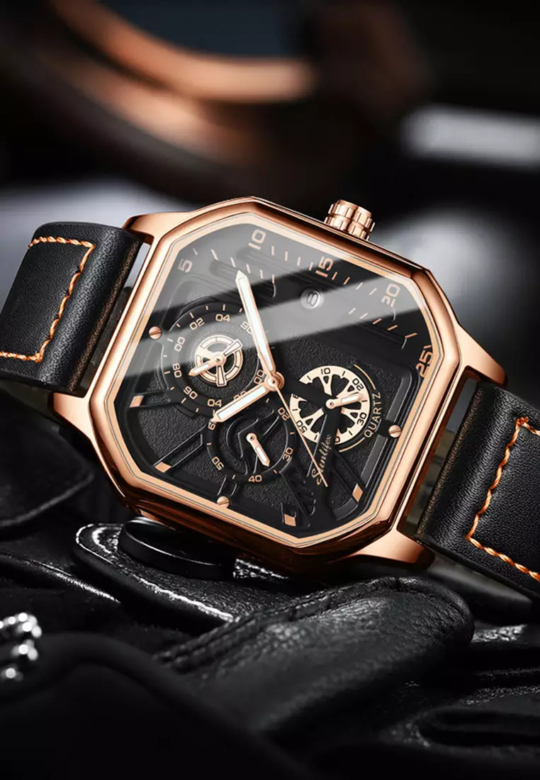 Jam Tangan Pria 9095 Kuarsa Olahraga Kasual Tali Kulit Pria Jam Tangan Cowok rose black