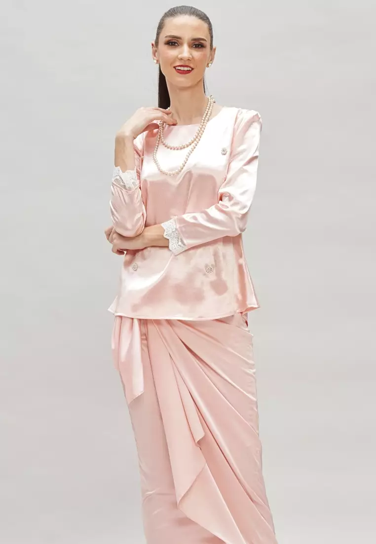 Pink Faux Pearl Diamond Beaded Top & Satin Wrap Skirt Modern Baju Kurung