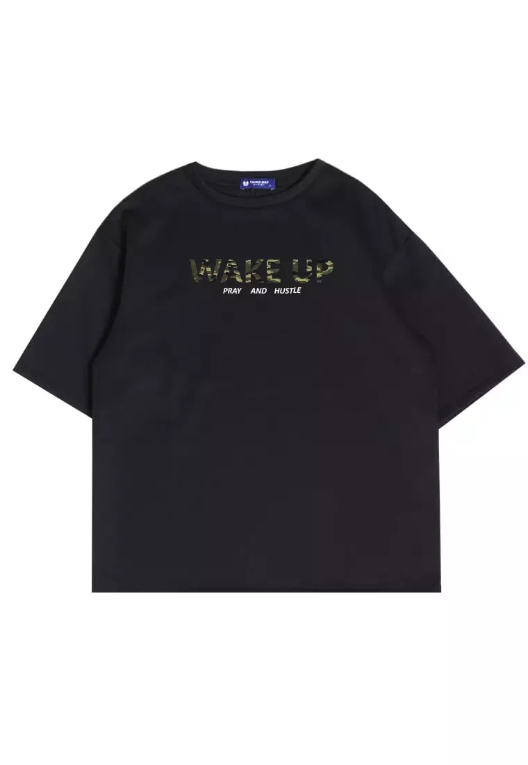 MTW56 Kaos Oversize Aesthetic Bahan Tebal "wake up" hitam